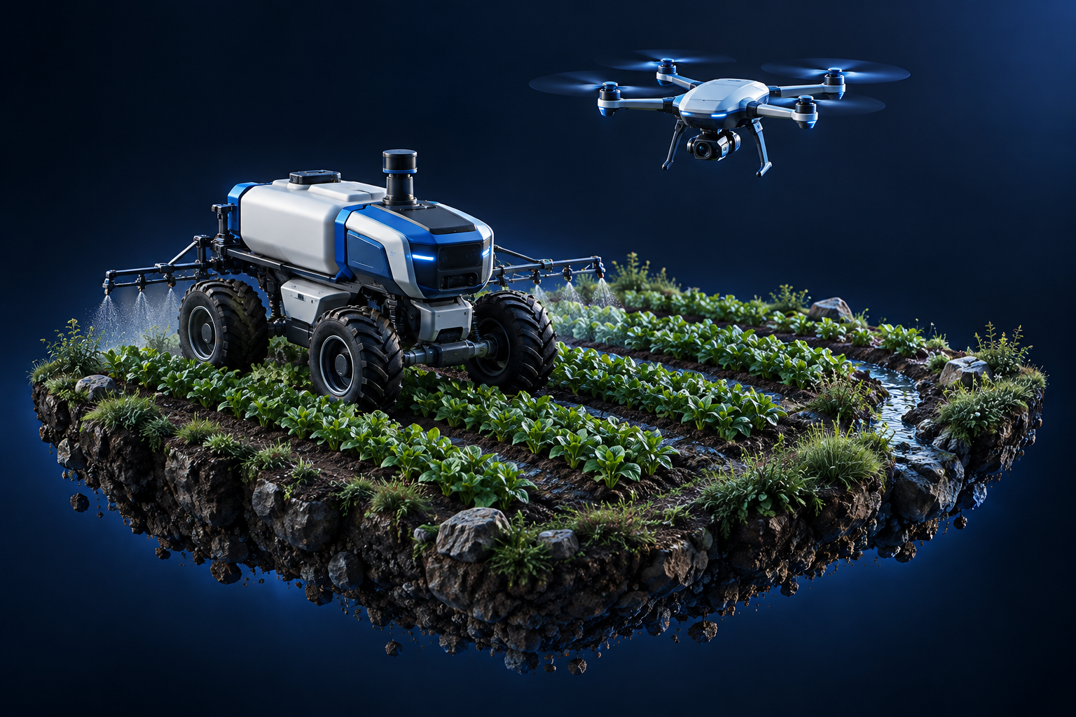 3D concept of a blue agricultural ground robot and drone over cultivated farmland
